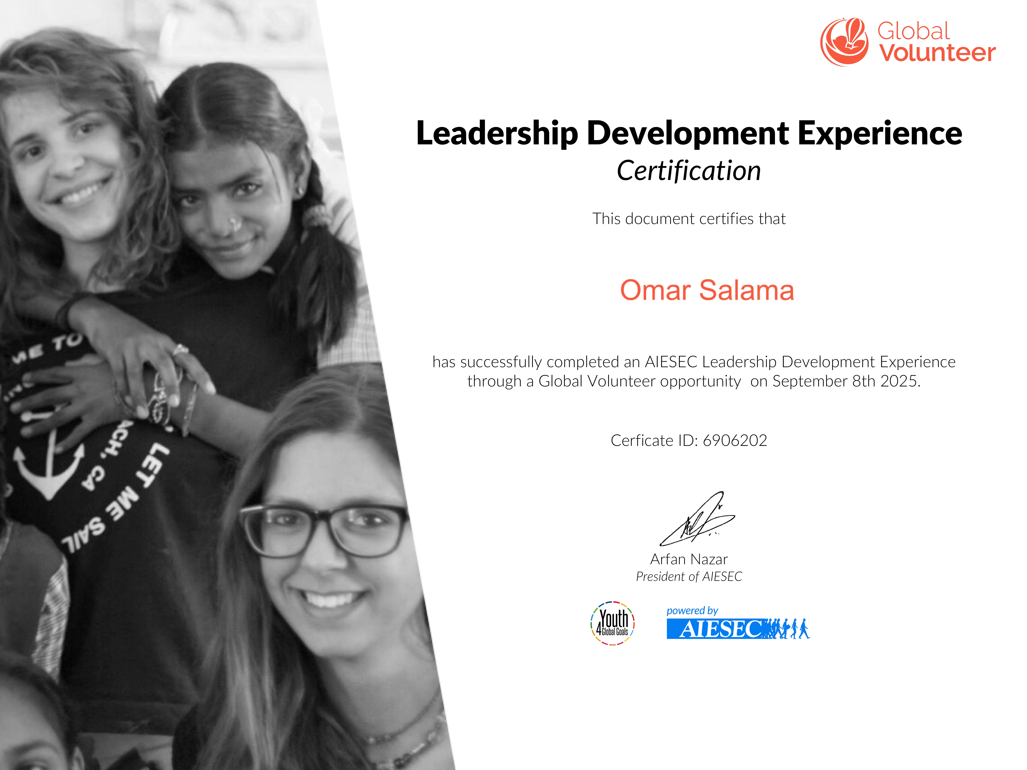 AIESEC Global Volunteer Leadership Development Experience certificate