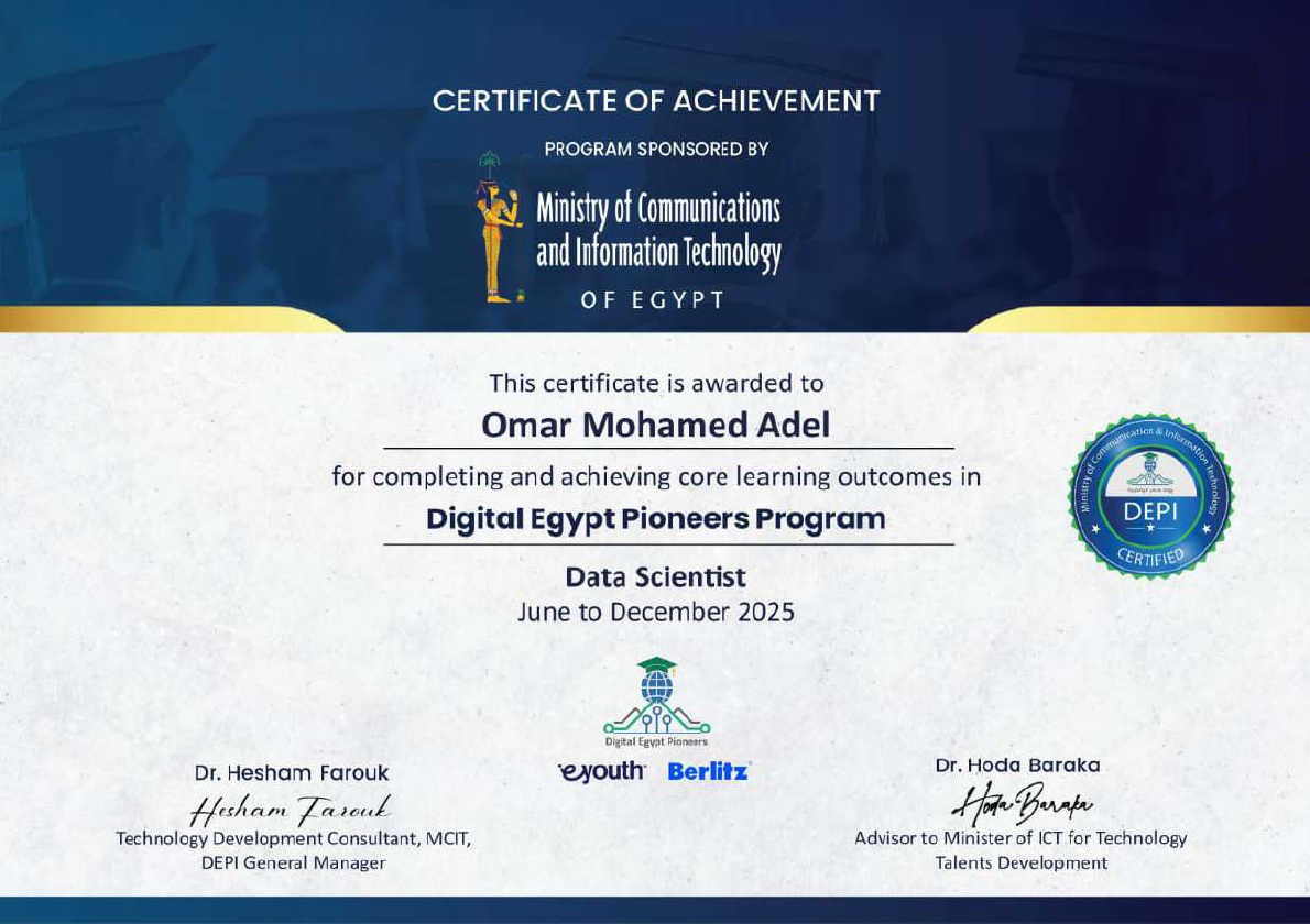 Digital Egypt Pioneers Program Data Scientist certificate