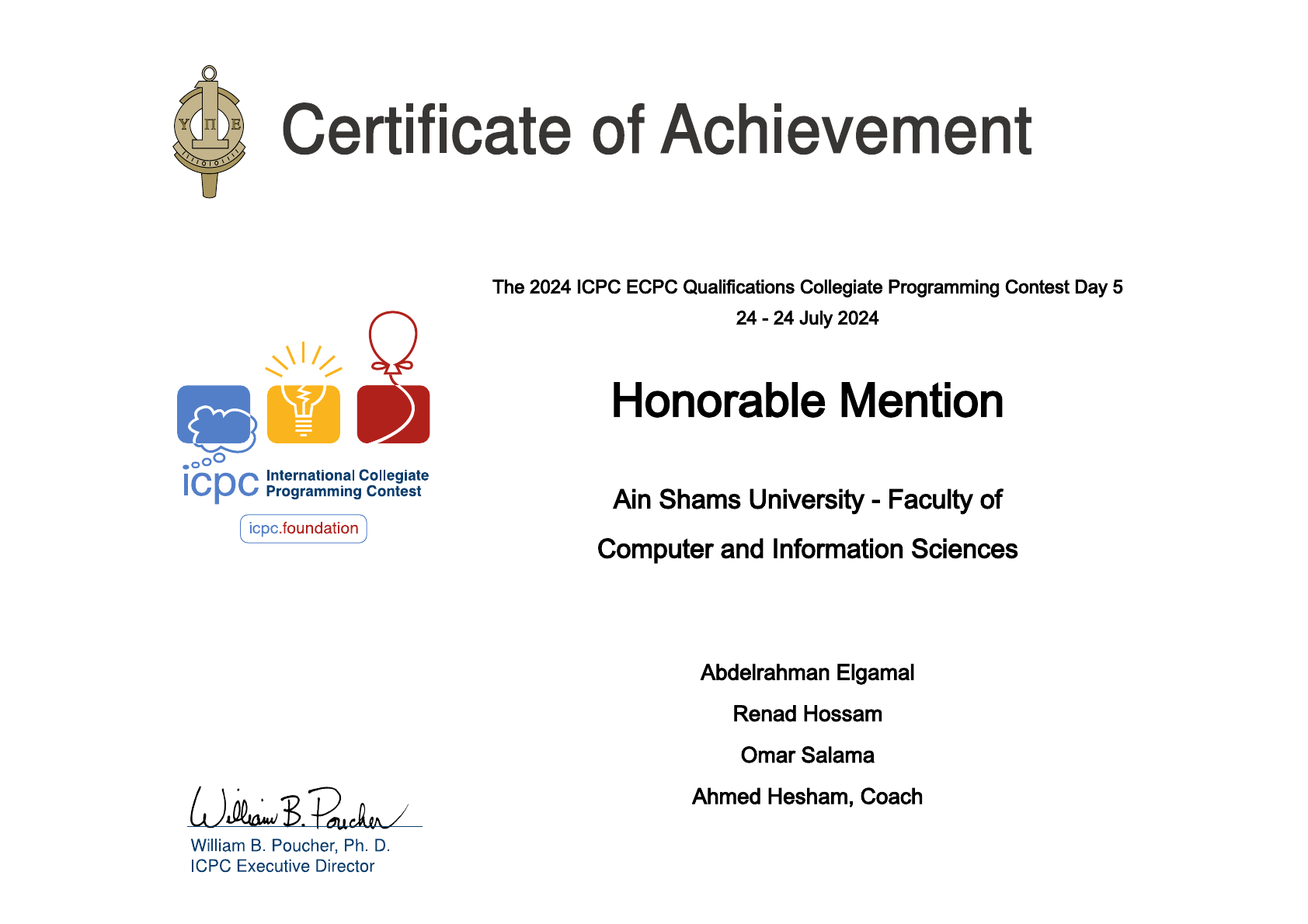 ICPC ECPC Qualifications Day 5 Honorable Mention certificate
