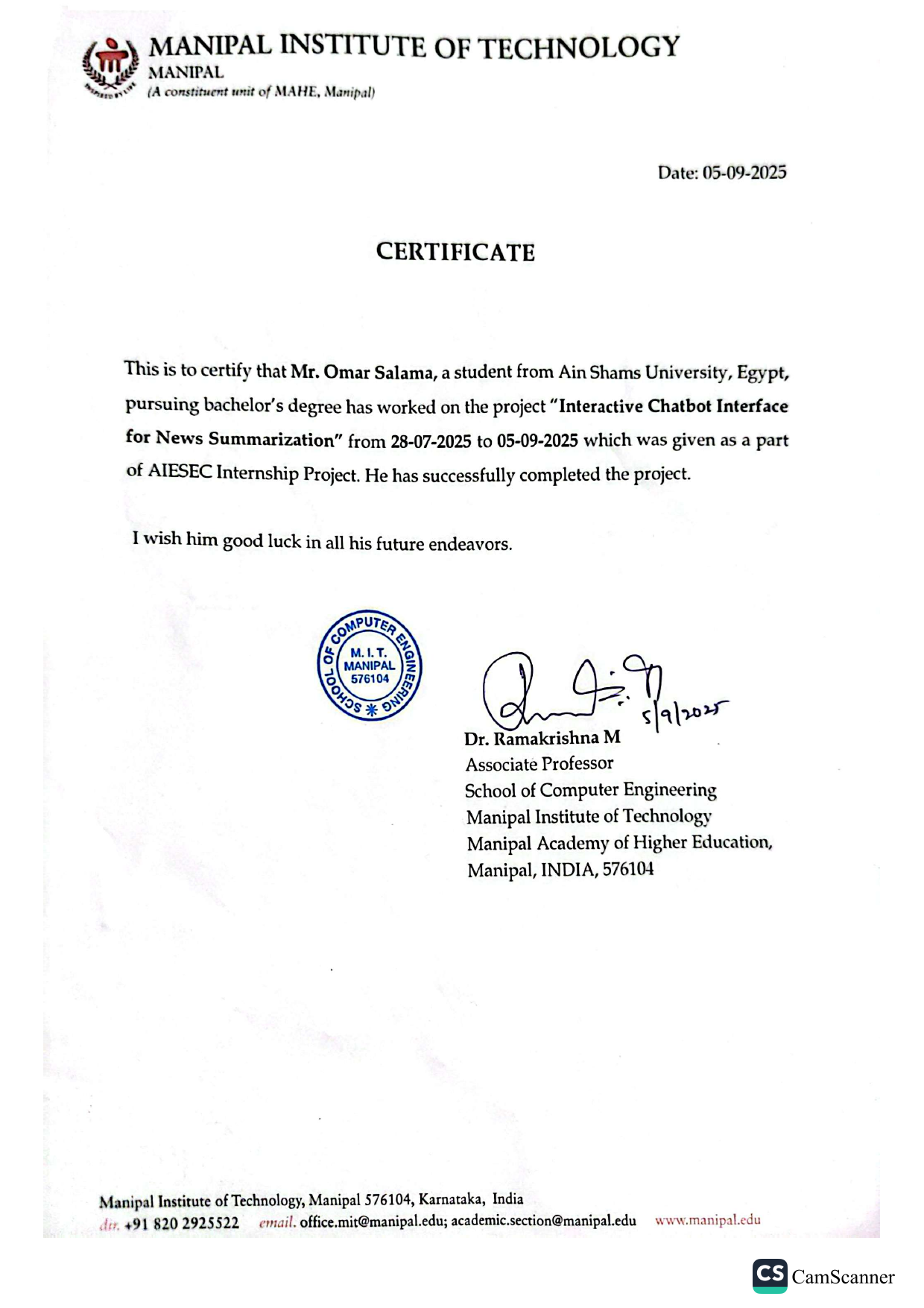 Manipal Institute of Technology certificate for the Interactive Chatbot Interface for News Summarization project
