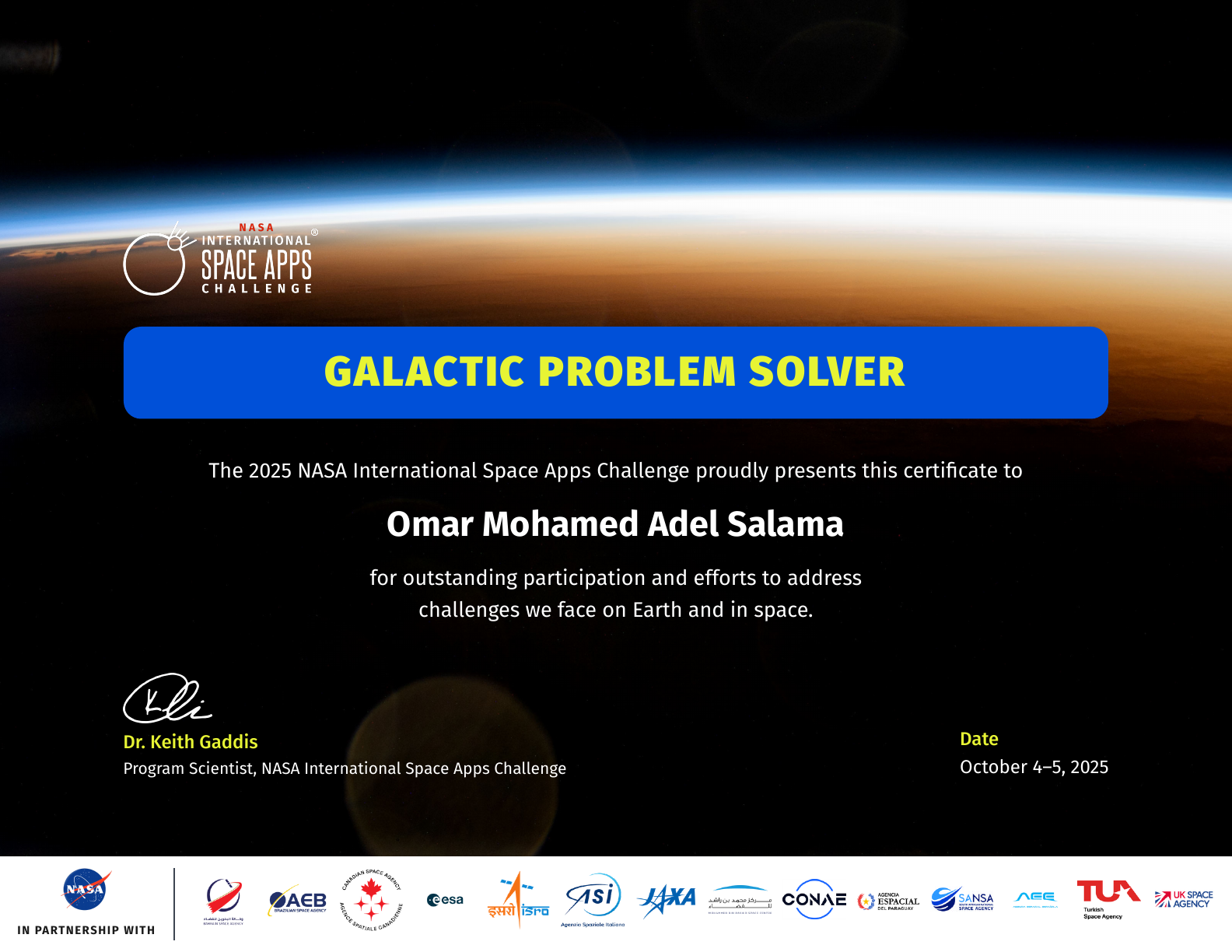 NASA International Space Apps Challenge Galactic Problem Solver certificate